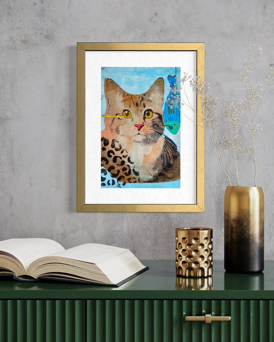 Cat with Fish - Original Mixed Media Monotype