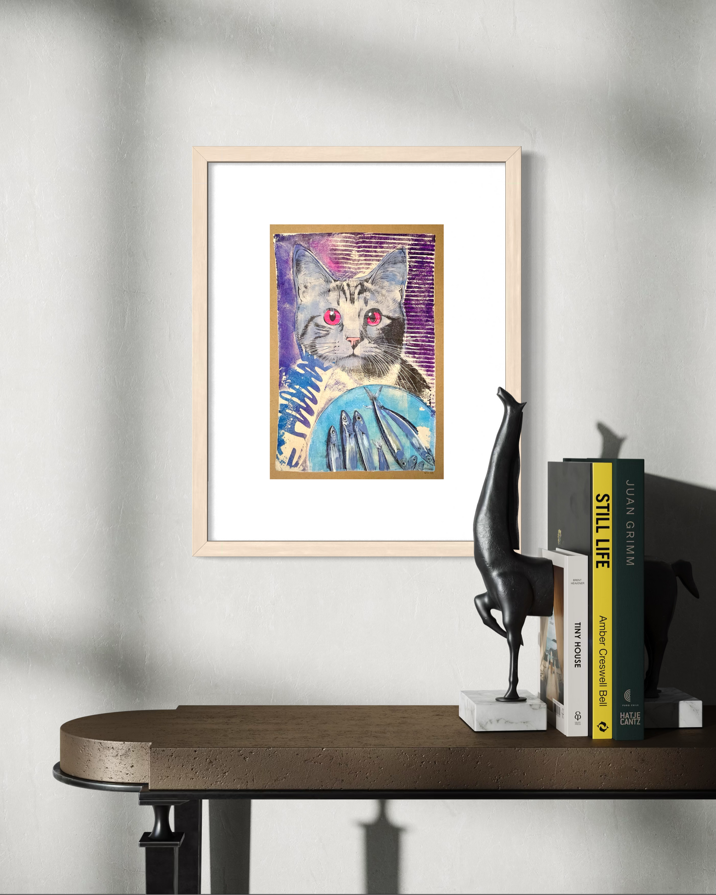 Cat with Sardines - Original Mixed Media Monotype