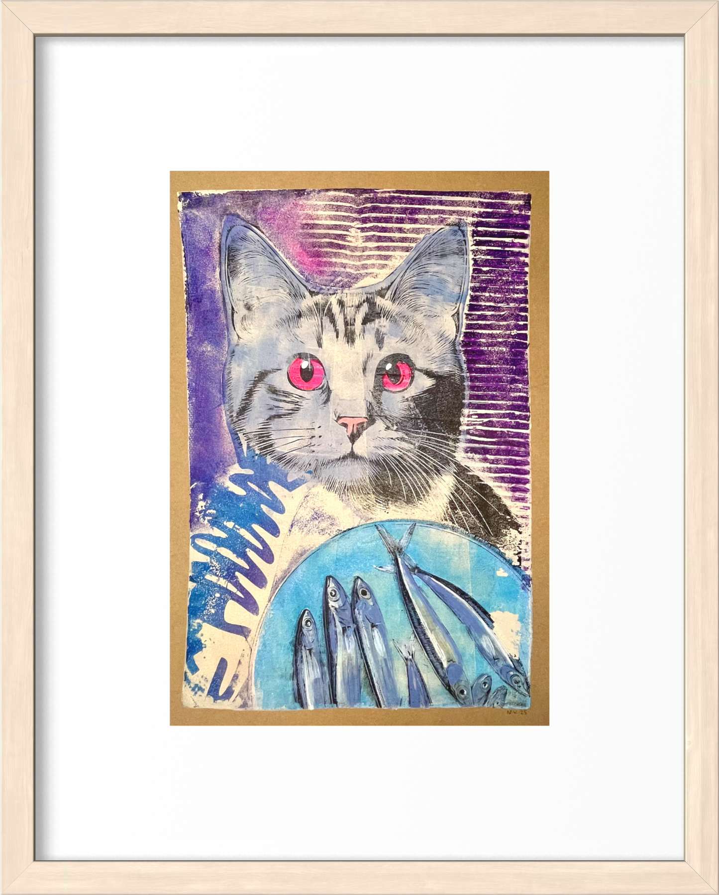 Cat with Sardines - Original Mixed Media Monotype