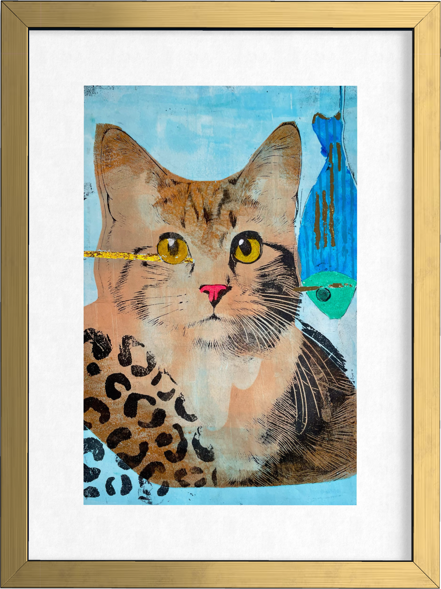 Cat with Fish - Original Mixed Media Monotype