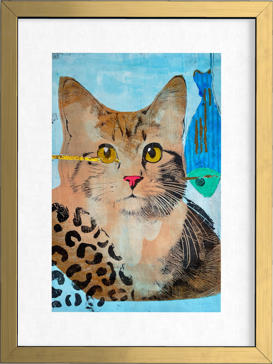 Cat with Fish - Original Mixed Media Monotype