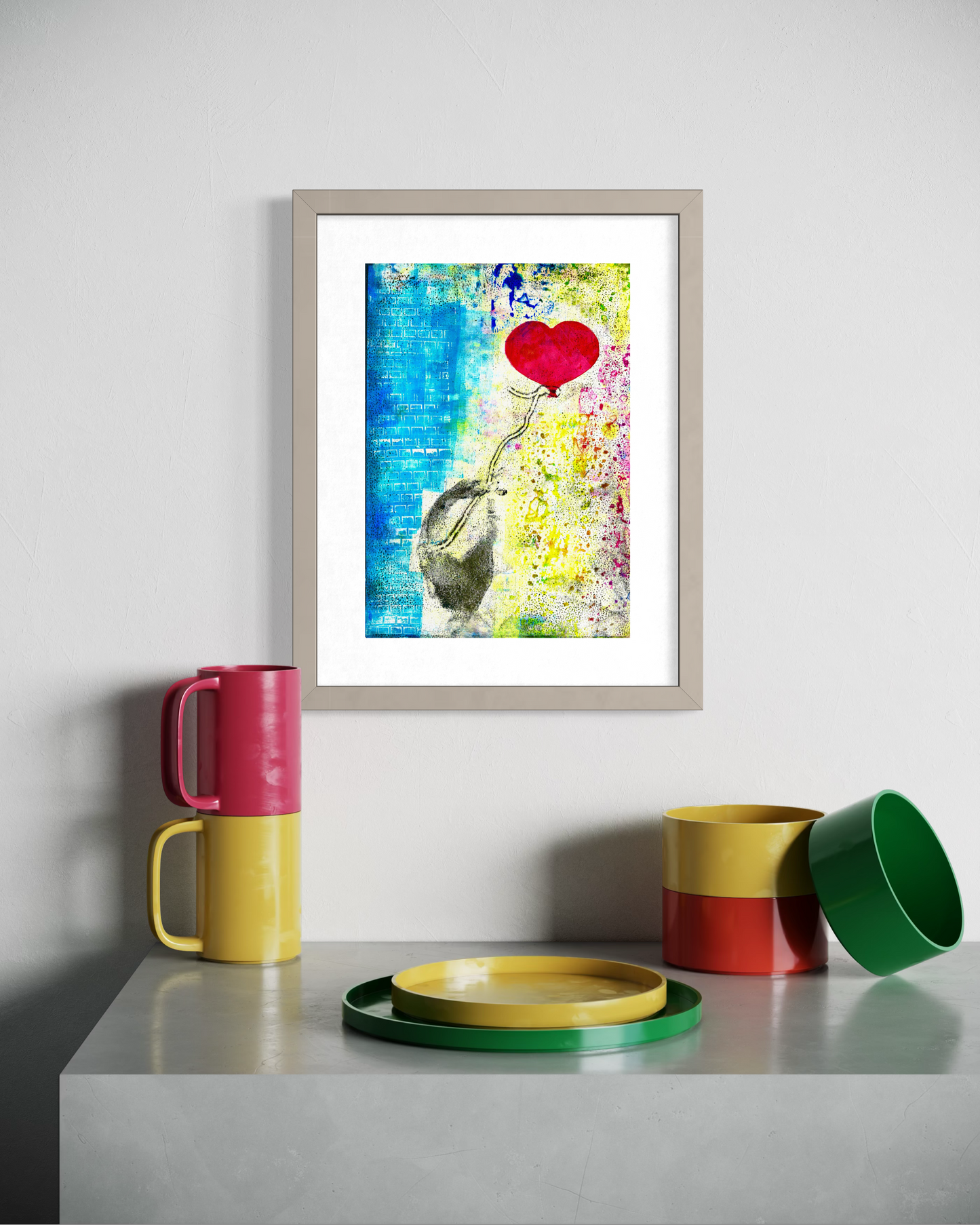 Concrete Heart - Original Mixed Media Monotype